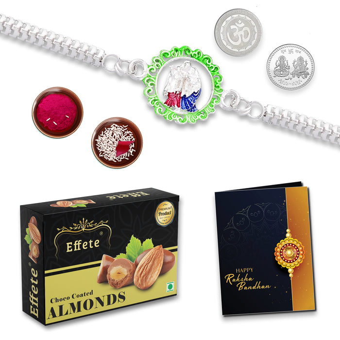 Radha Krishan In Circle Bracelet With Effete Choco Almond Chocolate 32Gm ,Silver Color Pooja Coin, Roli Chawal & Greeting Card