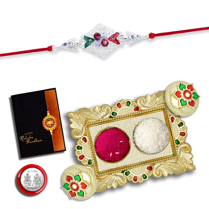 Silver Color Rakhi With Colorful Flower Mina And Diamond With Square Pooja Thali Set ,Silver Color Pooja Coin, Roli Chawal & Greeting Card