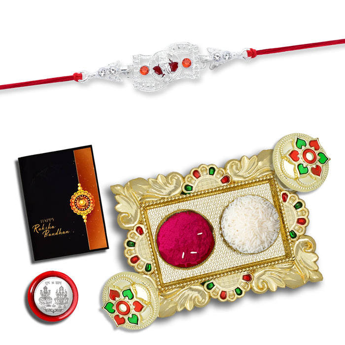 Silver Traditional Type Rakhi With Ganesha With Square Pooja Thali Set ,Silver Color Pooja Coin, Roli Chawal & Greeting Card