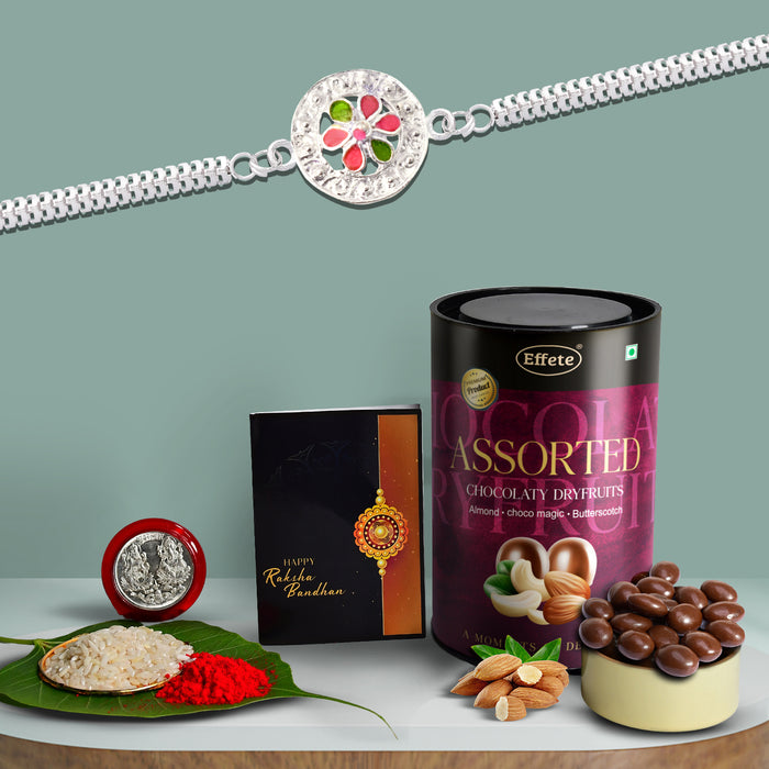 Circle Shape With Colorful Stones Bracelet With Effete Assorted Chocolate 96Gm ,Silver Color Pooja Coin, Roli Chawal & Greeting Card