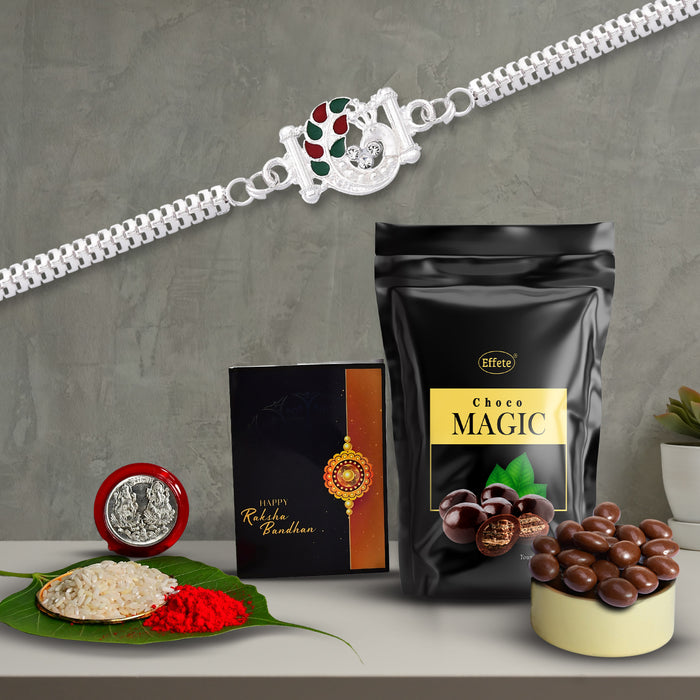 Classic Design With Red & Green Mina Stones With Effete Standy Pouch 40Gm ,Silver Color Pooja Coin, Roli Chawal & Greeting Card