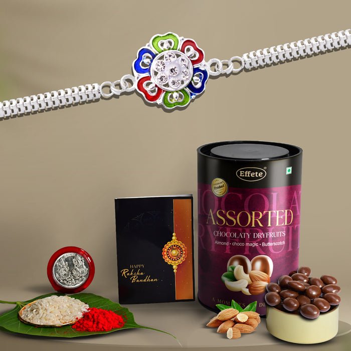 Colorful Heart Shape Circle Bracelet With Effete Assorted Chocolate 96Gm ,Silver Color Pooja Coin, Roli Chawal & Greeting Card