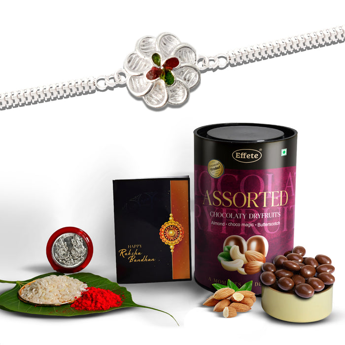 Sparkly Silver Bracelet With A Pretty Flower With Effete Assorted Chocolate 96Gm ,Silver Color Pooja Coin, Roli Chawal & Greeting Card