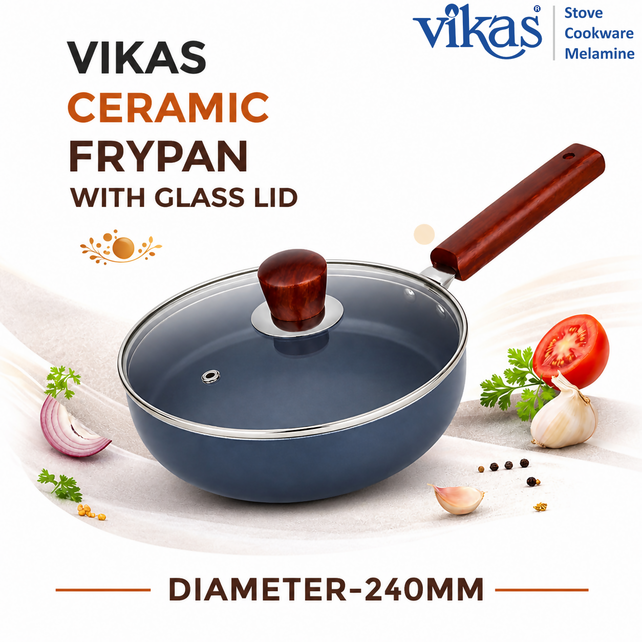 Vikas Ceramic Frypan with Glass Lid Blue side angle