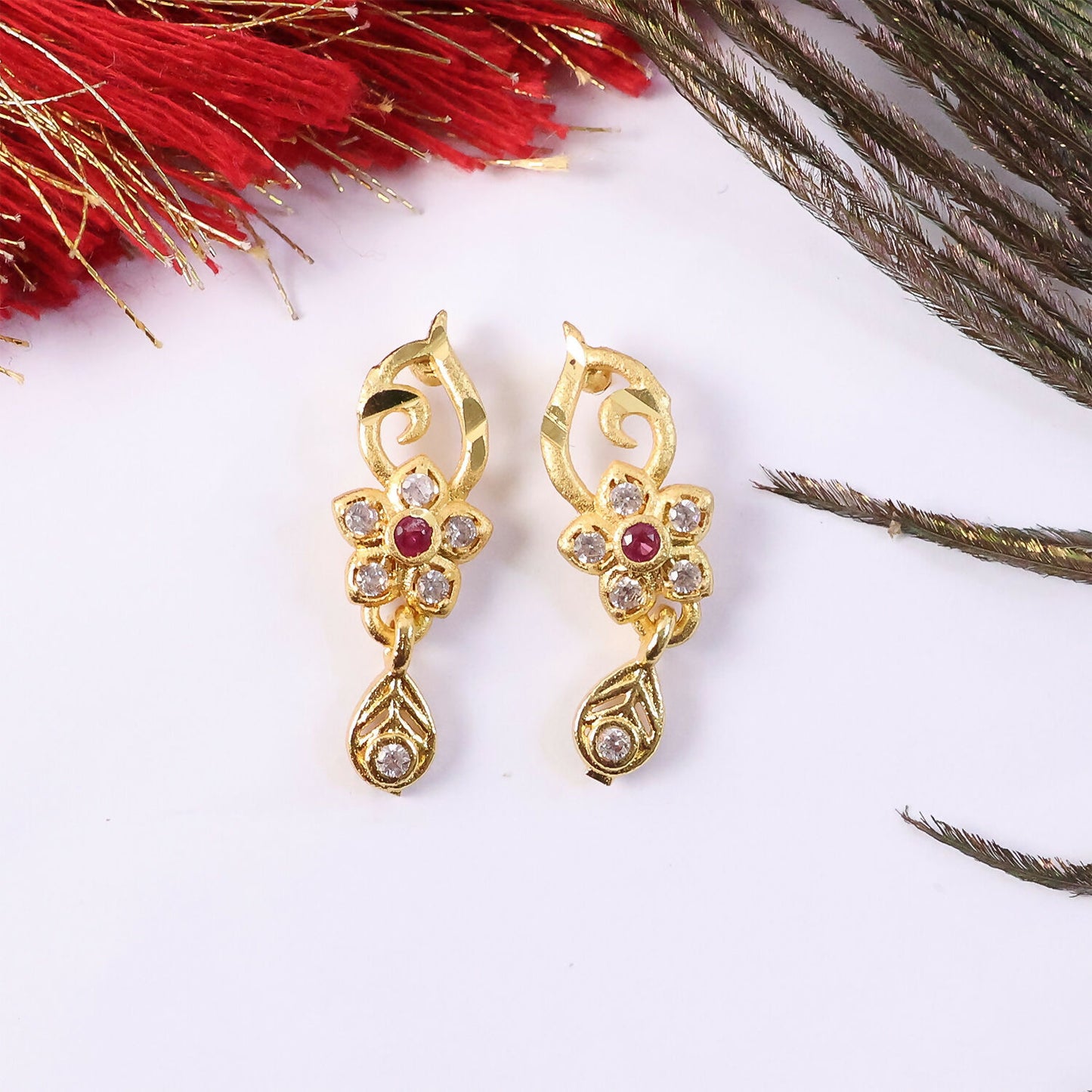 Traditional Floral Gold Earrings With Ruby Center Stone And Leaf Shaped Drop Detail