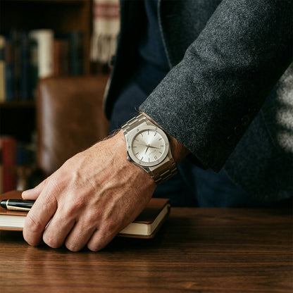 Premium Silver Analog Wrist Watch with Elegant Dial & Metal Strap
