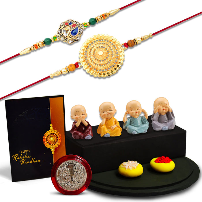 Big Golden Round Rakhi With Mor Rakhi With Decorative Baby Buddha Gift ,Silver Color Pooja Coin, Roli Chawal & Greeting Card