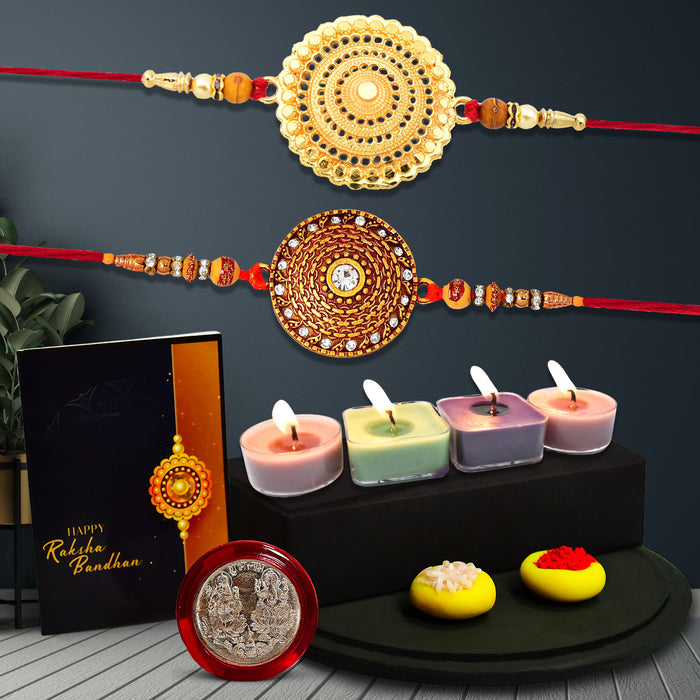 Big Flower Rakhi With Traditional Round Rakhi With Decorative Gift 4Pc Diya Set ,Silver Color Pooja Coin, Roli Chawal & Greeting Card