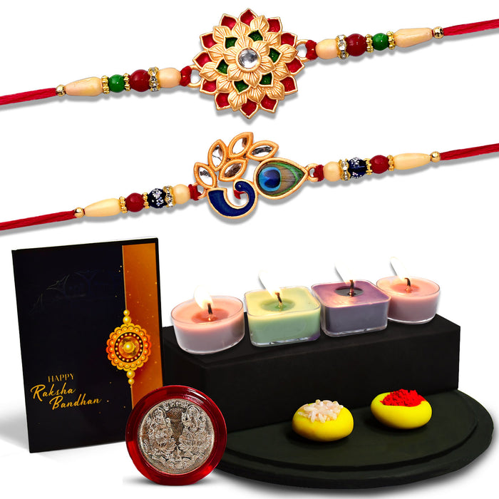 Flower Golden Rakhi And Mor With Morpichh Rakhi With Decorative Gift 4Pc Diya Set ,Silver Color Pooja Coin, Roli Chawal & Greeting Card