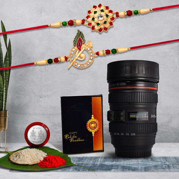 Morli Rakhi And Flower Golden Rakhi With Coffee Camera Lense Mug ,Silver Color Pooja Coin, Roli Chawal & Greeting Card