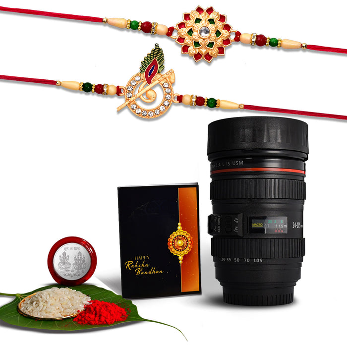 Morli Rakhi And Flower Golden Rakhi With Coffee Camera Lense Mug ,Silver Color Pooja Coin, Roli Chawal & Greeting Card