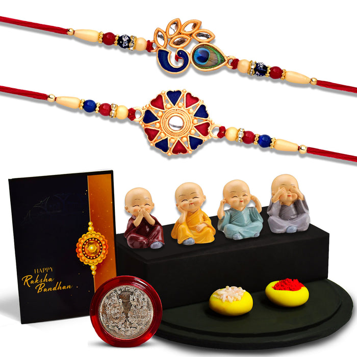 Mor With Morpichh Rakhi And Round Traditional Rakhi With Red And Blue Mina Work With Decorative Baby Buddha Gift ,Silver Color Pooja Coin, Roli Chawal & Greeting Card