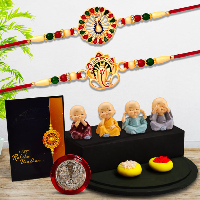 Ganesh Golden Color Rakhi And Mor Round Traditional Rakhi With Decorative Baby Buddha Gift ,Silver Color Pooja Coin, Roli Chawal & Greeting Card