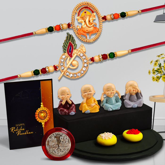 Morli Golden Color Rakhi With Ganesha Rakhi With Decorative Baby Buddha Gift ,Silver Color Pooja Coin, Roli Chawal & Greeting Card