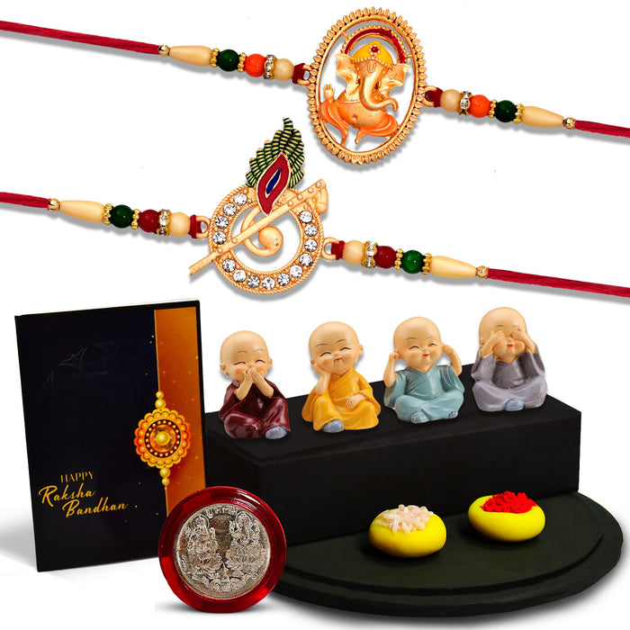 Morli Golden Color Rakhi With Ganesha Rakhi With Decorative Baby Buddha Gift ,Silver Color Pooja Coin, Roli Chawal & Greeting Card