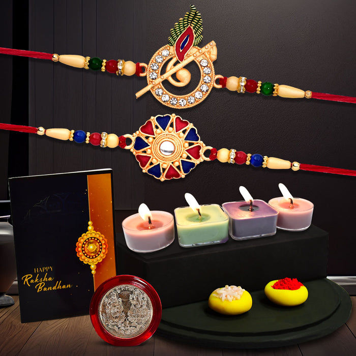 Morli Rakhi With Golden Color Red And Green Mina Work With Decorative Gift 4Pc Diya Set ,Silver Color Pooja Coin, Roli Chawal & Greeting Card