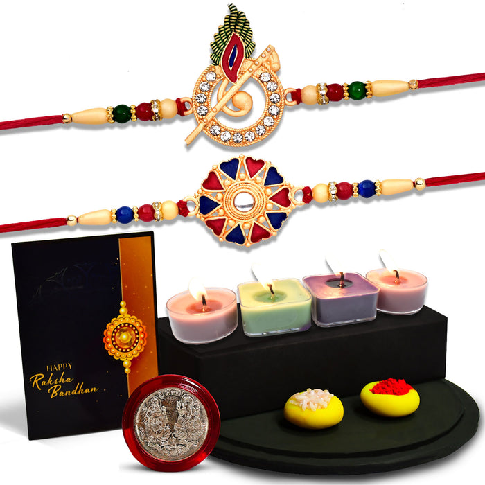 Morli Rakhi With Golden Color Red And Green Mina Work With Decorative Gift 4Pc Diya Set ,Silver Color Pooja Coin, Roli Chawal & Greeting Card