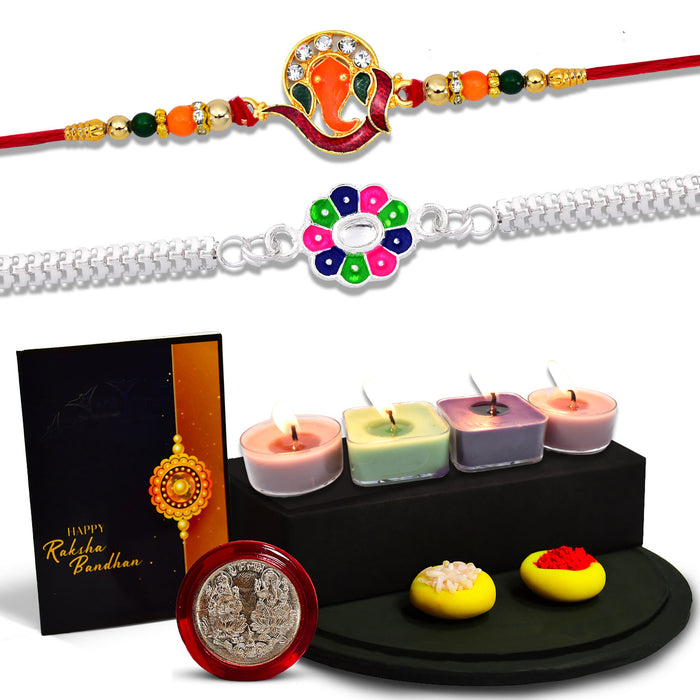 Ganesh Golden Color Rakhi And Silver Flower Rakhi With Decorative Gift 4Pc Diya Set For Your Brother,Silver Color Pooja Coin, Roli Chawal & Greeting Card