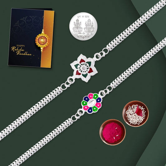 Two silver floral designer rakhis in an elegant combo set