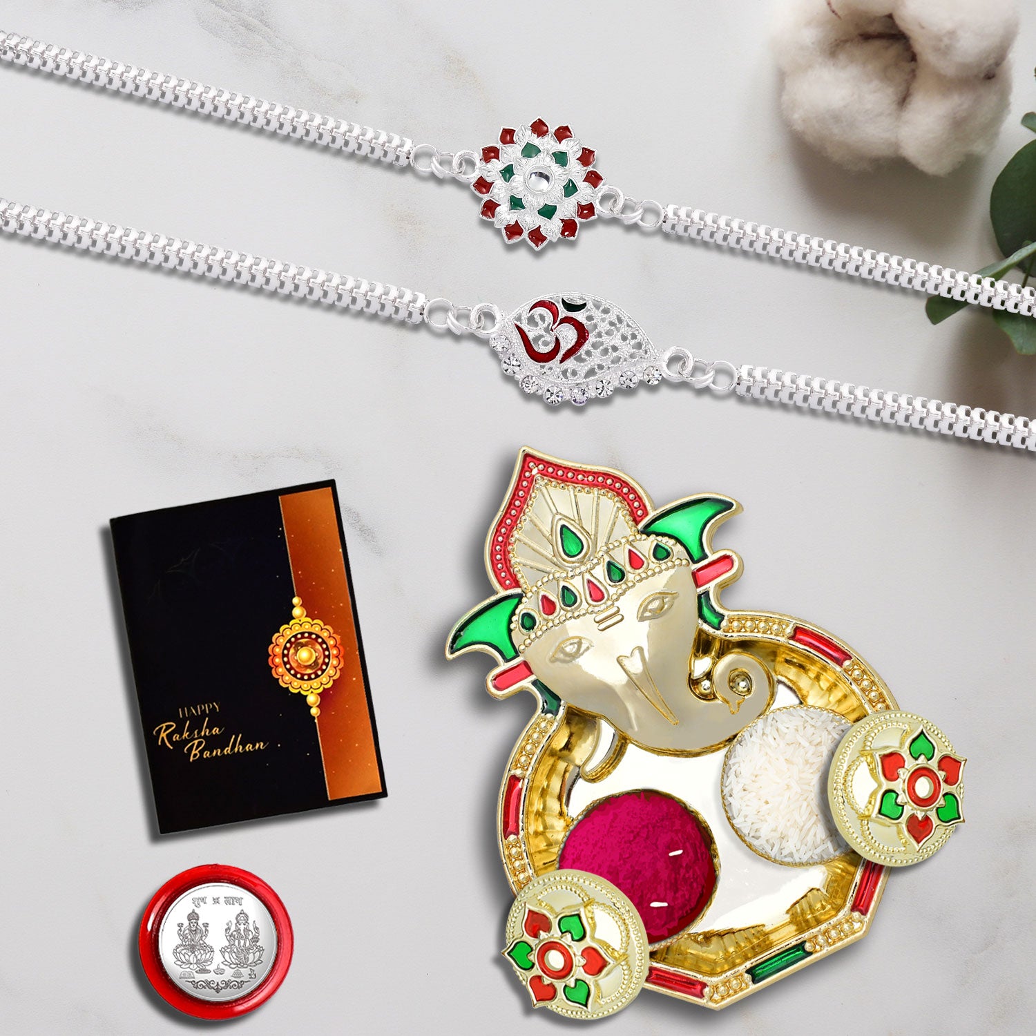 2 Silver Rakhi Celebration Set with Artistic Ganesha Tilak Thali, Roli Chawal, Coin & Rakhi Card for Brother,Rakhi Gift Combo
