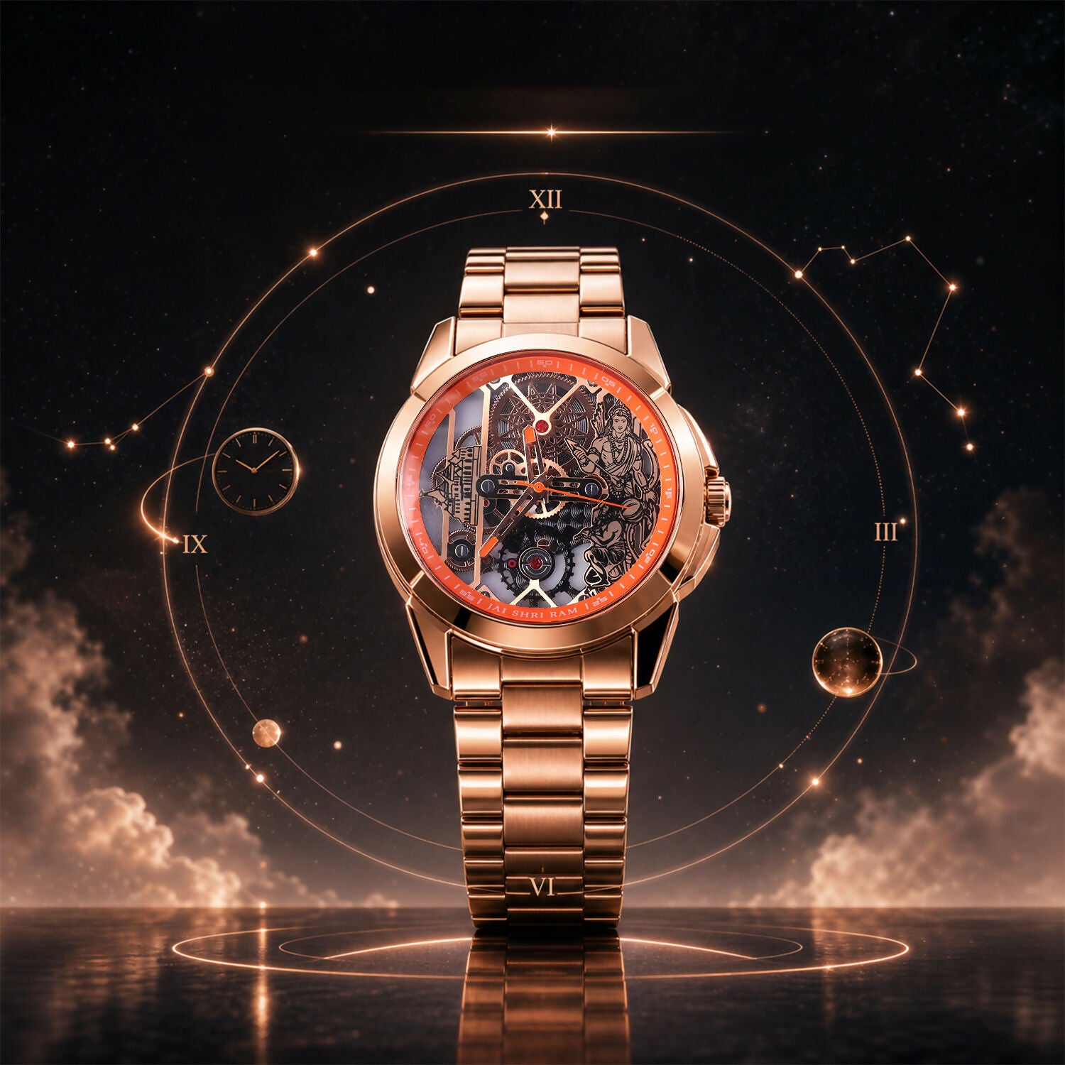 Side view of Jai Shri Ram rose gold metal chain watch