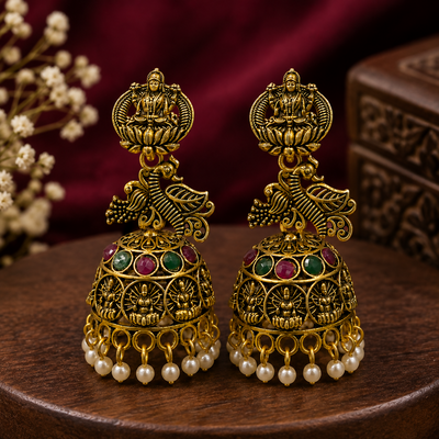 Temple Peacock Antique Gold Jhumka Earrings for Women | Traditional Ethnic Pearl Drop Earrings