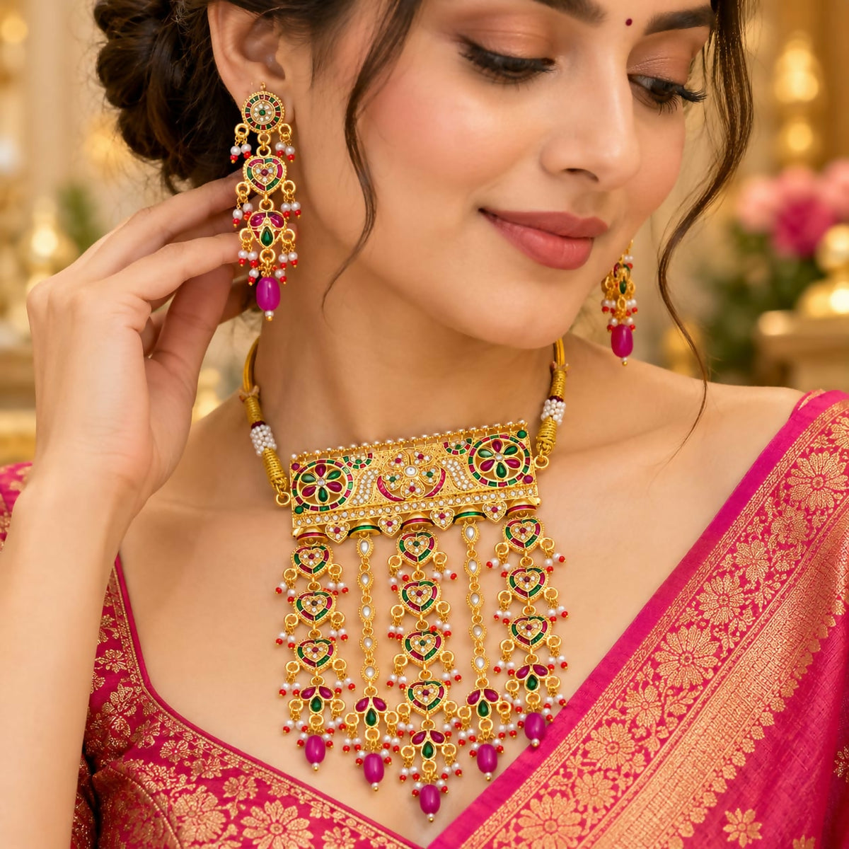 A woman models a golden-tone choker necklace and matching earrings with heart-shaped drops, wearing a pink sari.