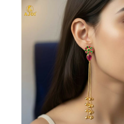 Kashmiri Gulbahar Gold Plated Long Chain Drop Earrings with Red & Green Stones