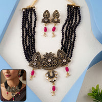 Traditional Black Beaded Designer Necklace Set with Earrings Ethnic Adjustable Thread Jewelry Set