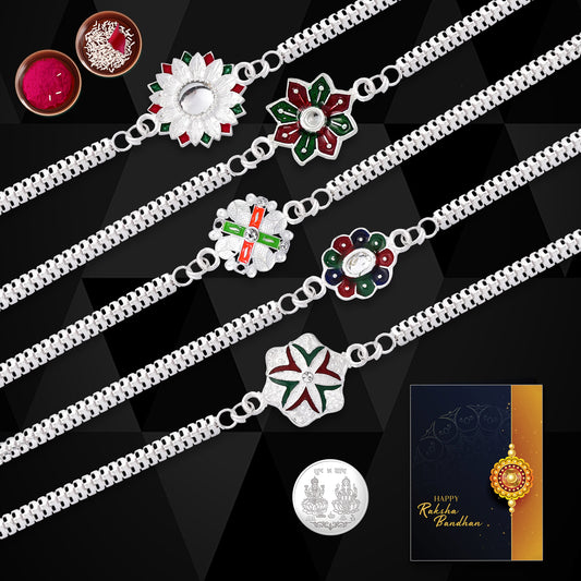Silver Look Fancy 5 Rakhi Set with Greeting Card, Coin & Tilak Combo – Stylish Bracelet Rakhis for Brothers