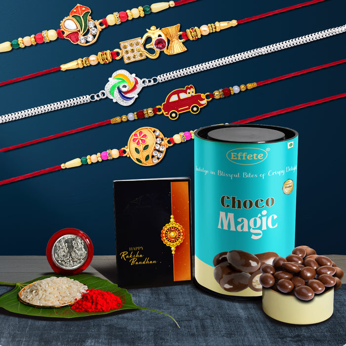 5 Rakhi Set With Kids Rakhi And Golden Color Rakhi With Effete Choco Magic Chocolate 96Gm ,Silver Color Pooja Coin, Roli Chawal & Greeting Card