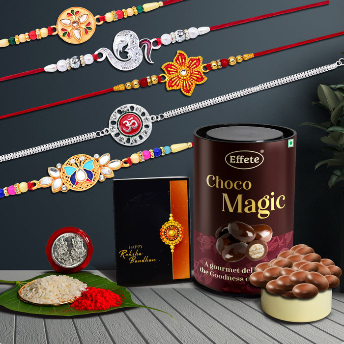 5 Rakhi Set With Golden Color Rakhi And 2 Silver Color Traditional Rakhi With Effete Magic Chocolate 96Gm ,Silver Color Pooja Coin, Roli Chawal & Greeting Card