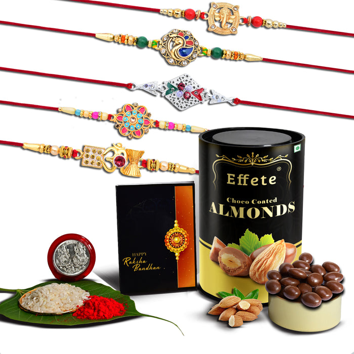 Golden Color Rakhi With Traditional And Religious Design Rakhis With Effete Choco Almond Chocolate 96Gm ,Silver Color Pooja Coin, Roli Chawal & Greeting Card