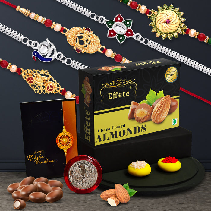5 Rakhi Set With Traditional Design Golden Color Rakhi And Silver Color Rakhi With Effete Choco Almond Chocolate 32Gm ,Silver Color Pooja Coin, Roli Chawal & Greeting Card