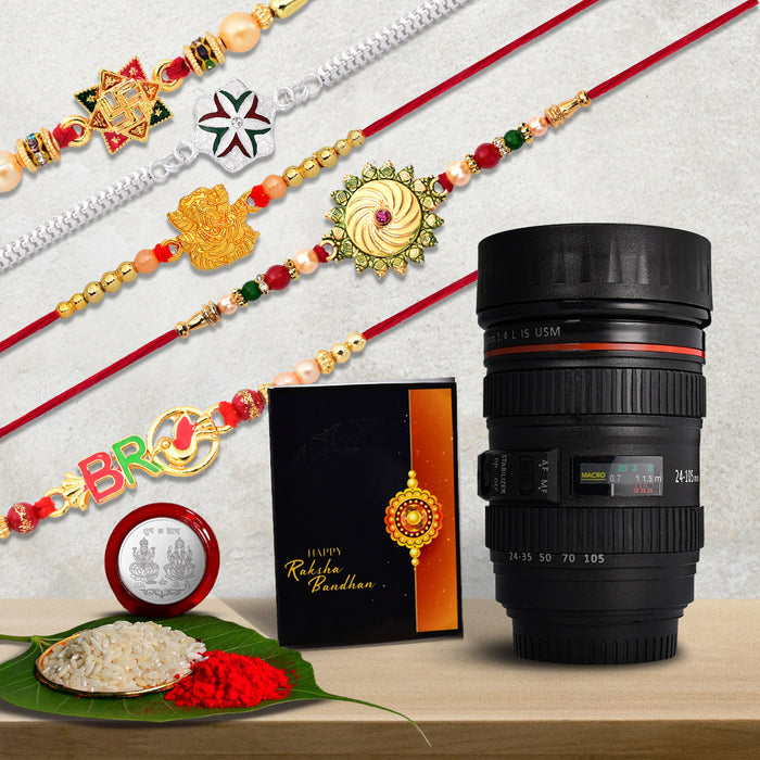 5 Rakhi Set With Traditional Design Golden Color Rakhi And Silver Color Rakhi With Coffee Camera Lense Mug ,Silver Color Pooja Coin, Roli Chawal & Greeting Card