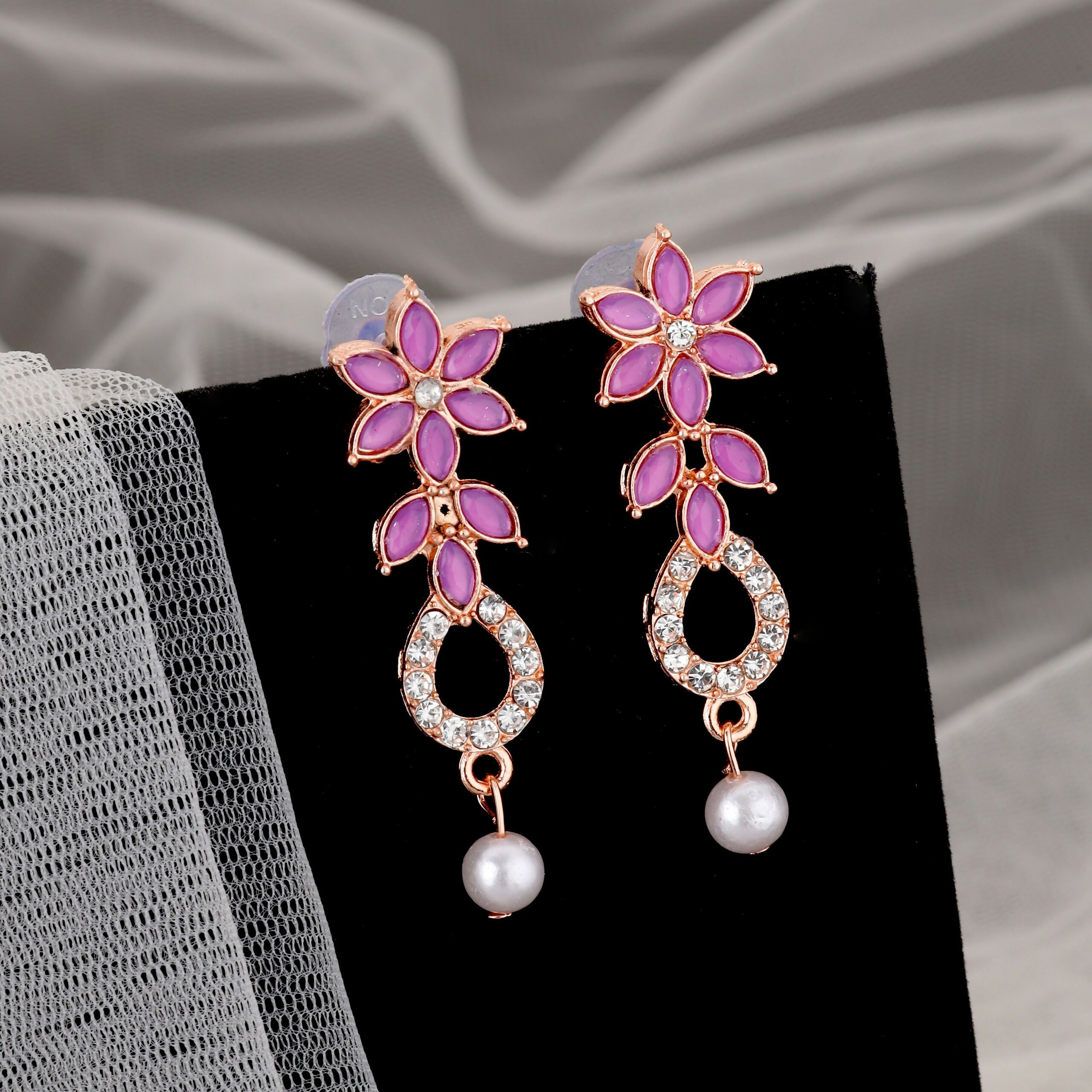 uxurious Rose Gold Plated Magenta Stone Necklace Set with Pearl Drop