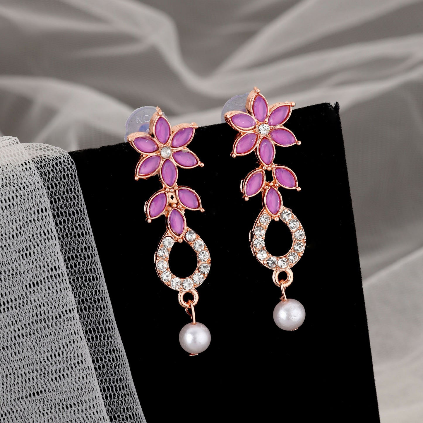 uxurious Rose Gold Plated Magenta Stone Necklace Set with Pearl Drop