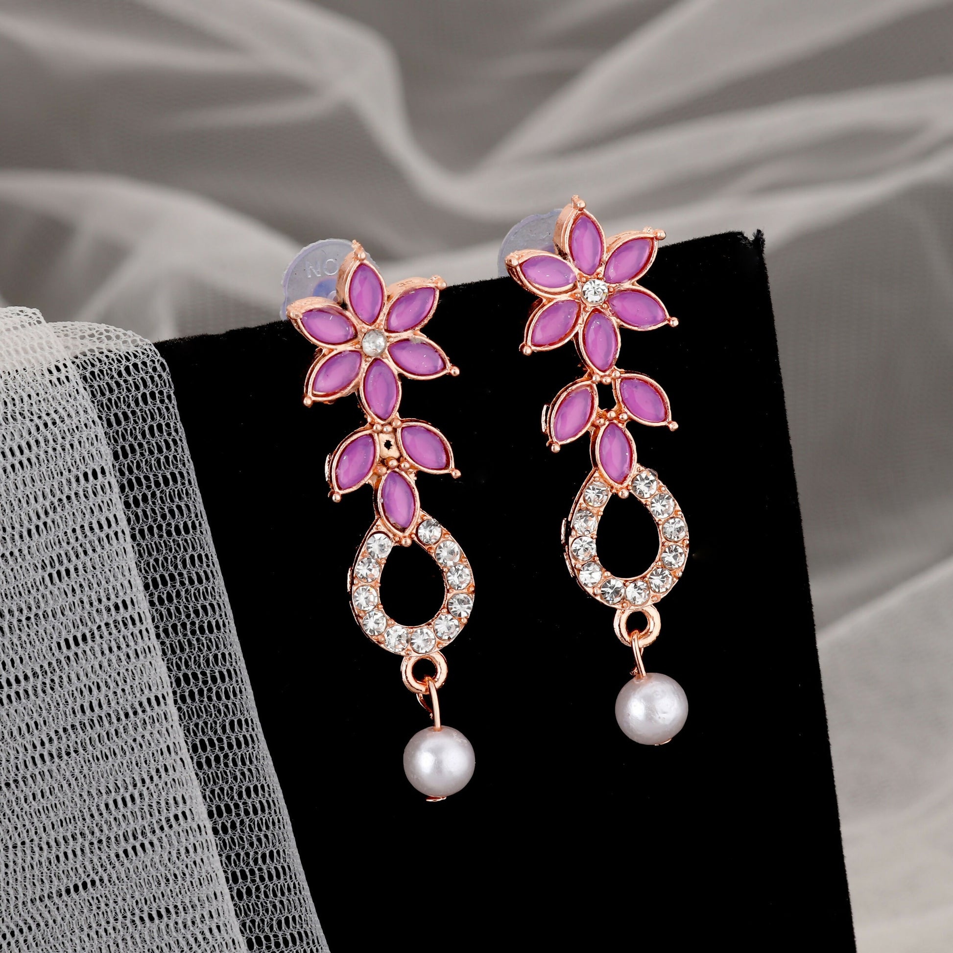 uxurious Rose Gold Plated Magenta Stone Necklace Set with Pearl Drop