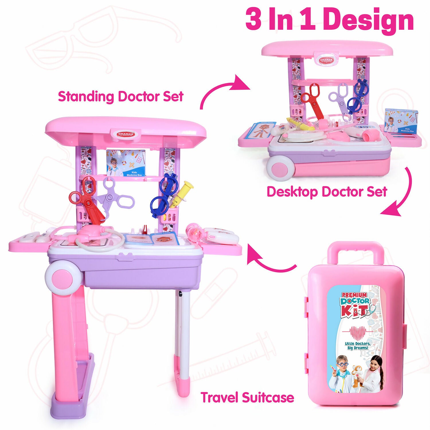 Premium Doctor Set with Pull & Push Trolley for Kids,Doctor Set with LED Light Instruments, 13 Piece Doctor Kit, BIS Approved (Pink)