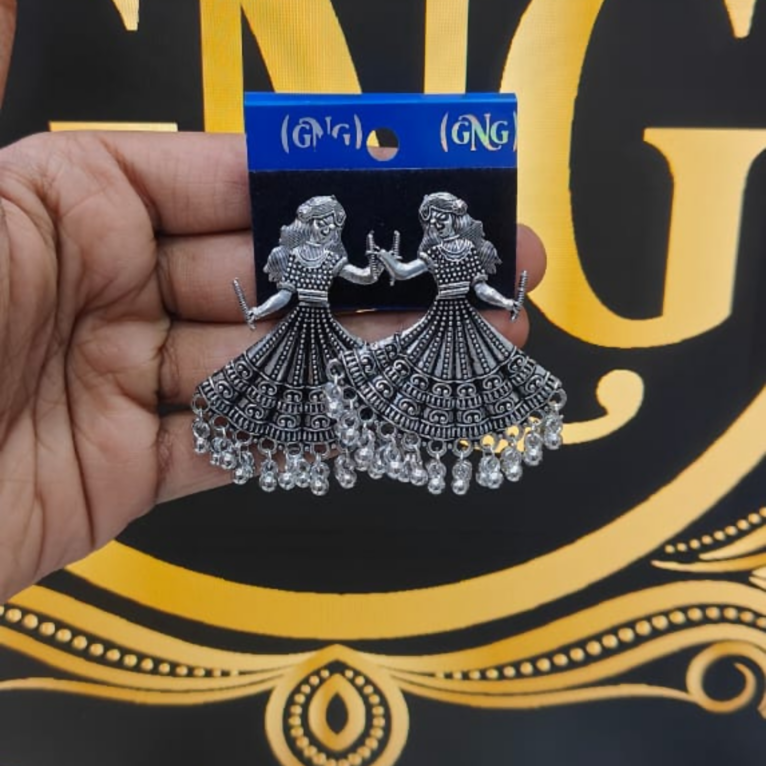 Oxidised Silver Dancing Doll Jhumka Earings