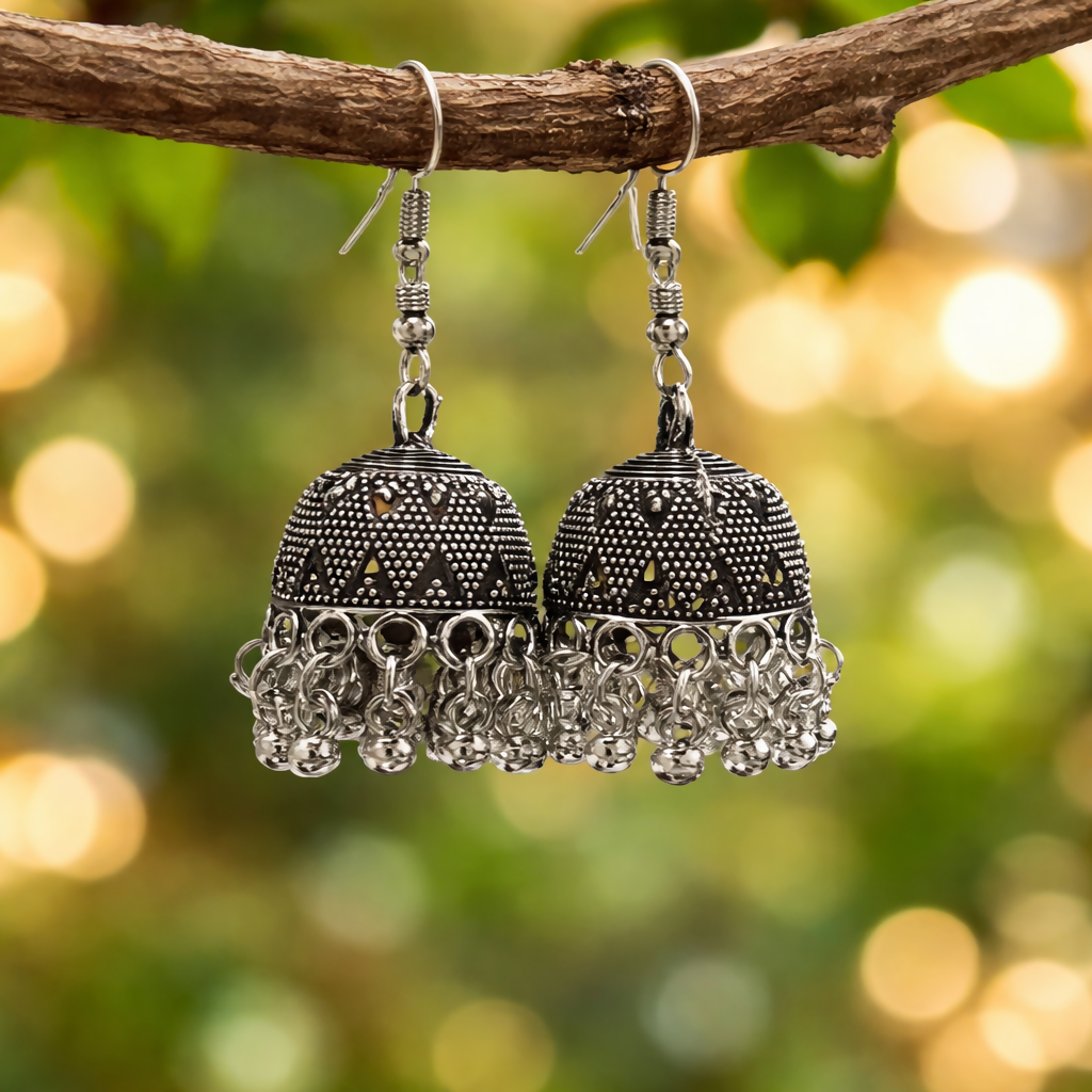 Detailed close-up of oxidised jhumka earrings texture
