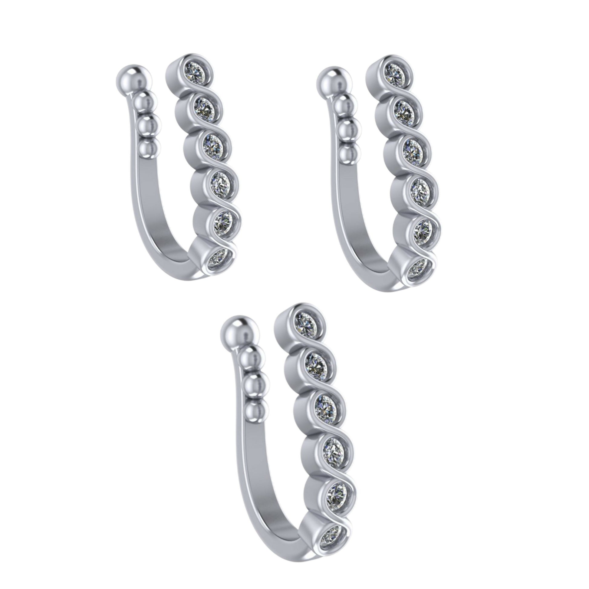 Silver Plated Crystal Heart Nose Clip/Non-Pierced Nath Combo Pack of 3