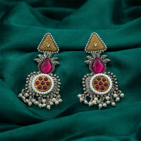 Traditional Oxidized Silver Earrings with Gold Tone Studs & Pearl Drop Fringe