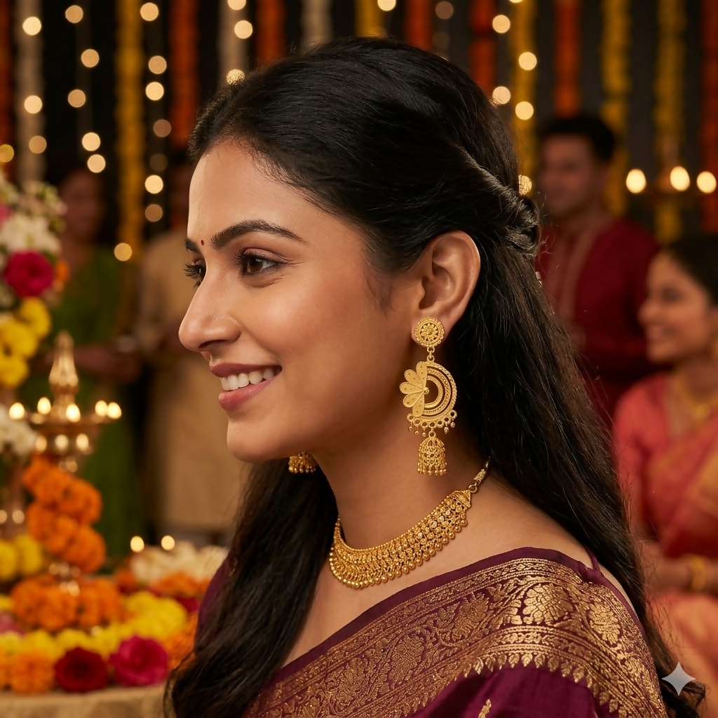 Model wearing gold jhumka earrings, showcasing their ethnic elegance
