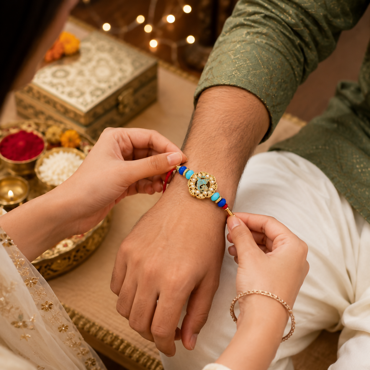 A person's hands tie the Ganesha charm bracelet onto another person's wrist, with festive items in the background.