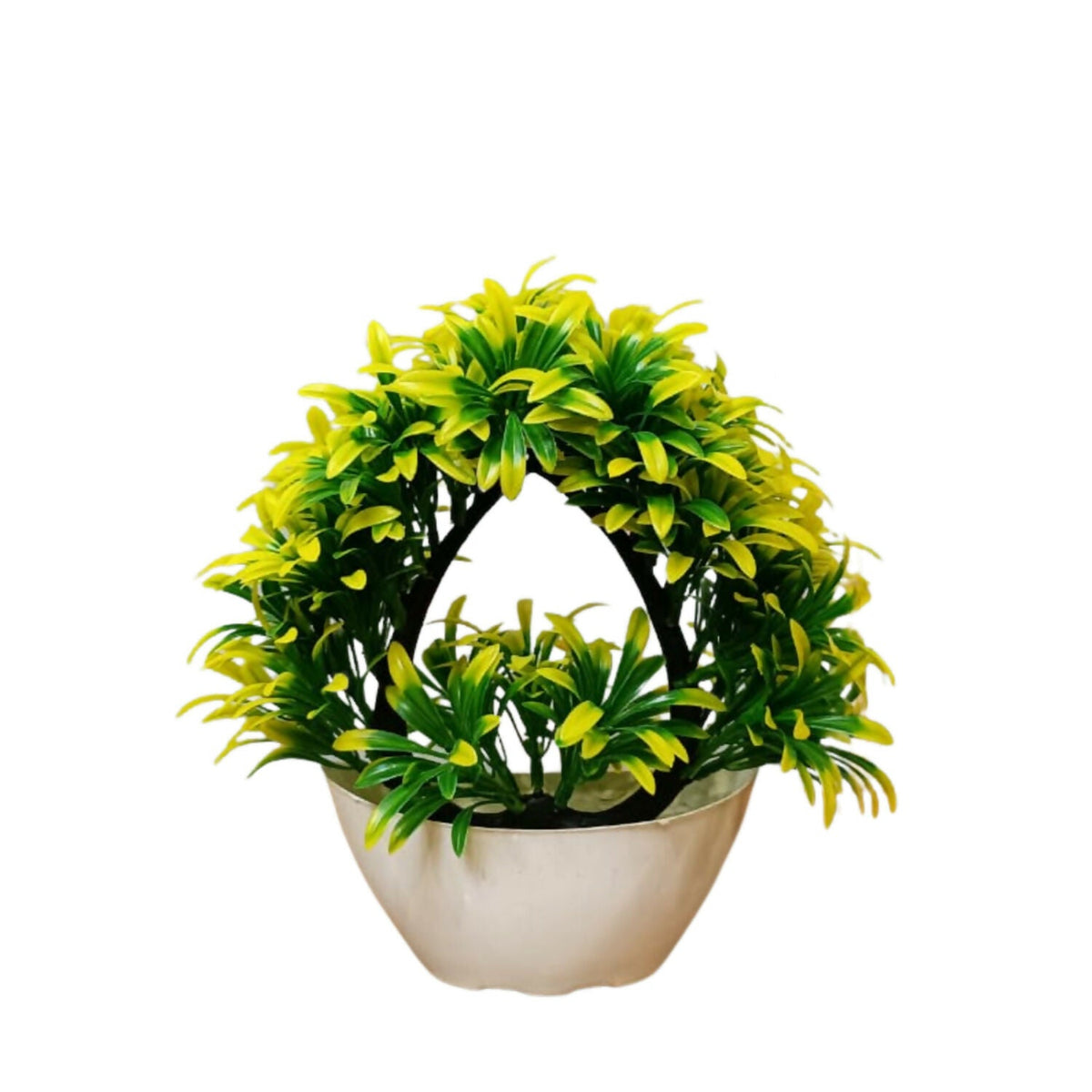 Artificial Yellow Green Arch Bonsai Plant with White Bowl Pot Home Office Decor