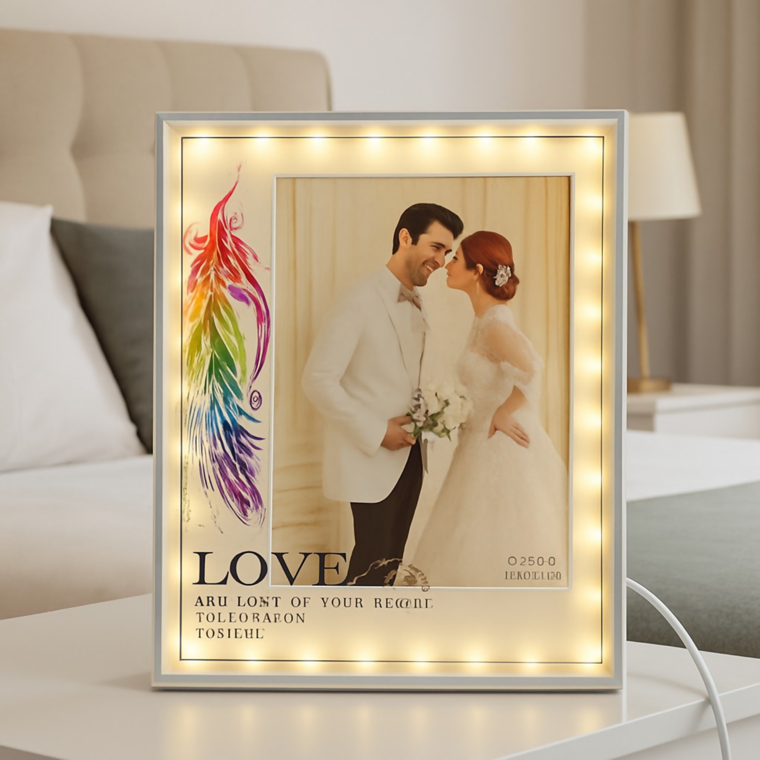 Romantic LED Love Photo Frame with Rainbow Feather Design | Warm Light Illuminated Couple Picture Frame for Anniversary, Wedding & Valentine Gifting | USB Powered Tabletop Decorative Photo Lamp for Bedroom & Home Decor