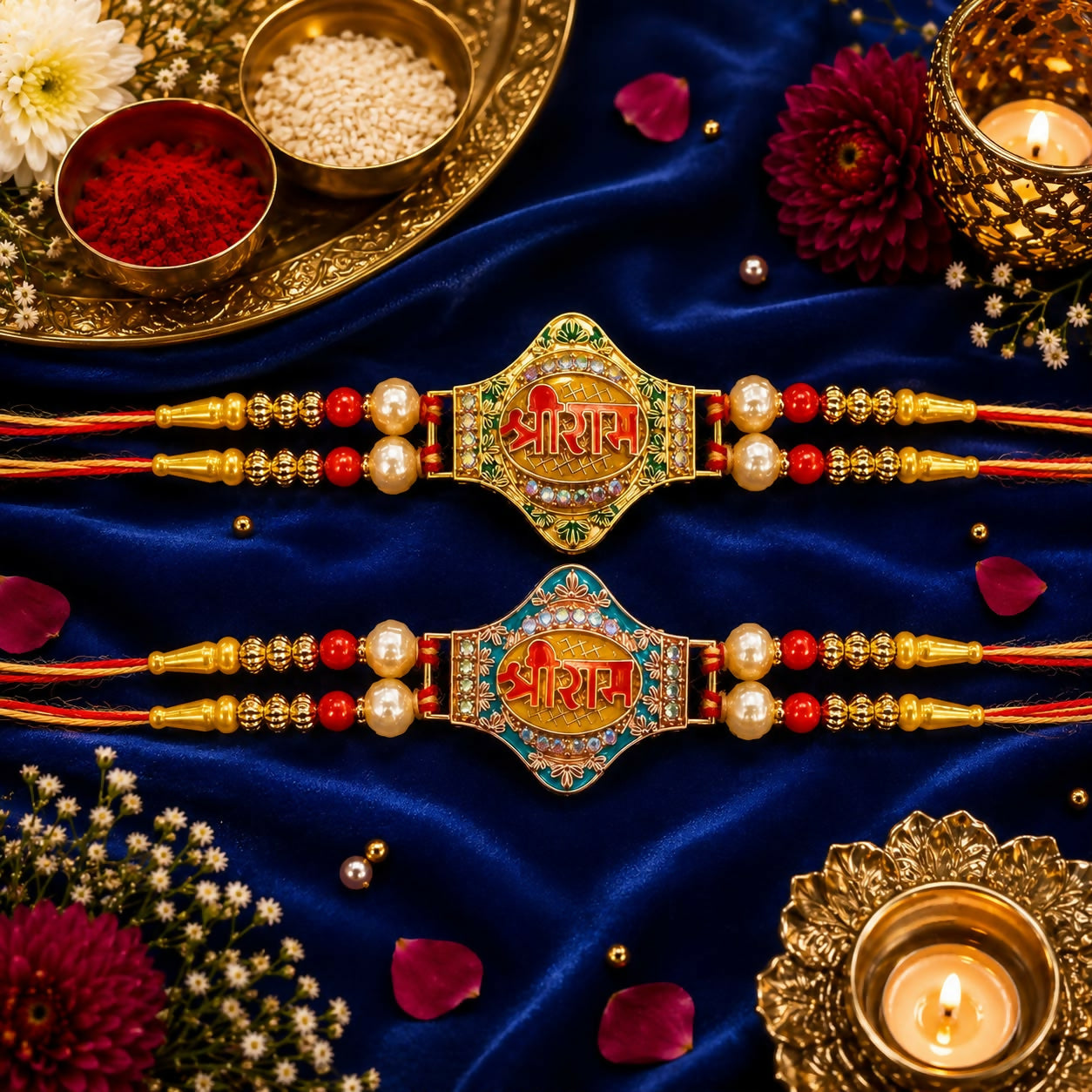 Two matching gold and pearl Rakhis with red and orange threads, one with a green center, the other blue, on a dark blue