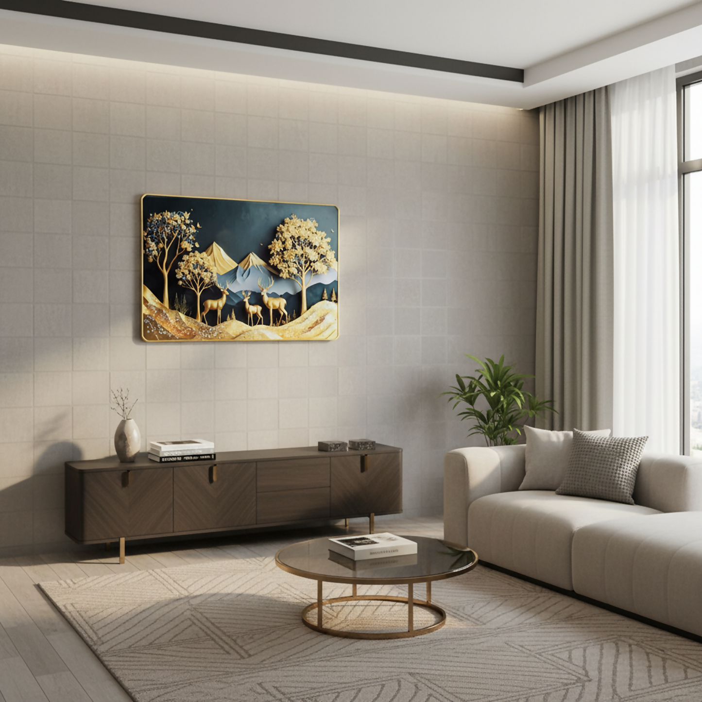 Luxury Golden Deer Mountain Landscape Wall Art Frame Home Decor