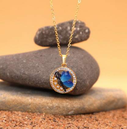 Gold Plated Blue Enamel Butterfly Circle Pendant Necklace For women and girls